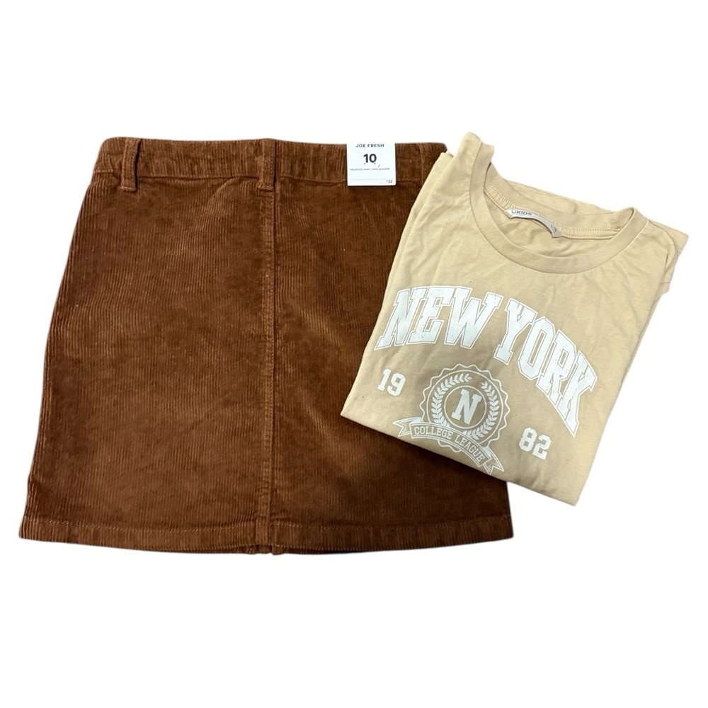 Urban kids L Beige Graphic Tee and Brown joe fresh sz 10 Corduroy Skirt Set,